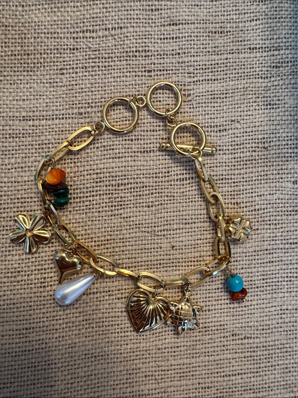 bloom Gold Beaded Charm Bracelet Turquoise heart turtle shell starfish flower